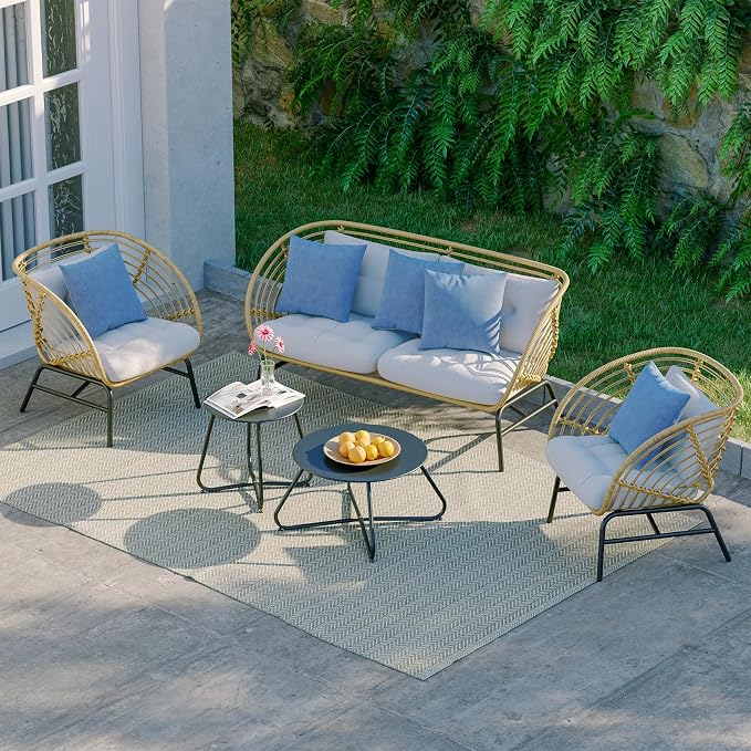 Grand patio Patio Furniture Set, Outdoor Wicker Patio Conversation Seating Chair with Cushions and Coffee Table, Boho Seating Chat Set for Indoor Outdoor, Balcony, Porch, Garden, Deck
