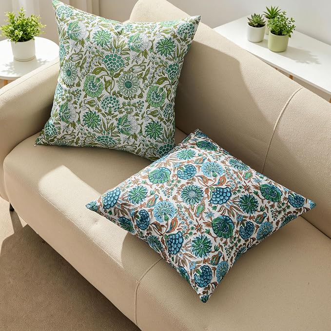Allorry Outdoor Waterproof Pillow Covers 16x16 Green Floral Outdoor Decor | Set of 2 Vintage Floral Block Print Pillow Cover,Farmhouse Boho Decorative for Spring Summer Outdoor Sofa Bedroom Decor