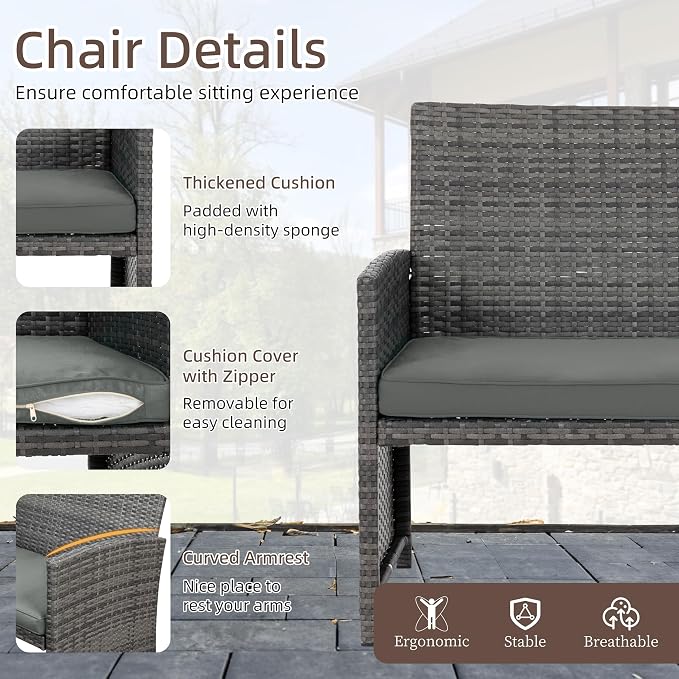 4 Piece Patio Ratten Set Outdoor Furniture Set Wicker Conversation Set with Cushions and Tempered Glass Tabletop,Grey