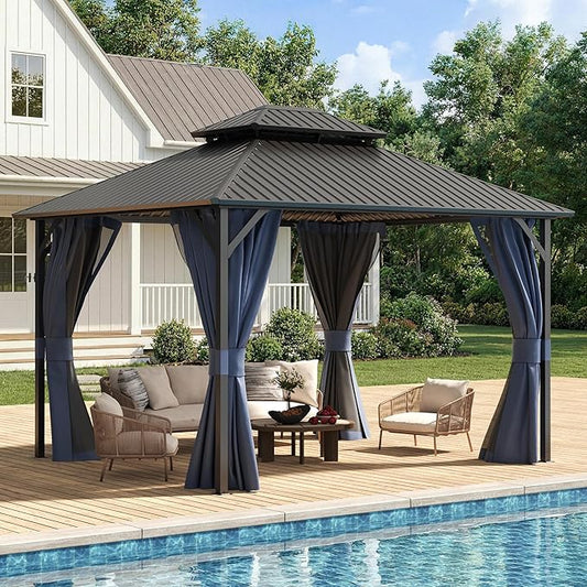 UDPATIO 10'x12' Hardtop Gazebo, Metal Gazebo with Galvanized Steel Double Roof, Permanent Patio Pavilion for Dining Parties, Navy Blue