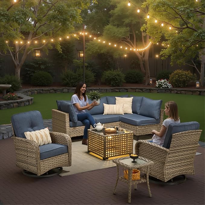 CAODOC 9-Piece Outdoor Sectional Sofa Set w/ 42" Fire Pit – L-Shaped Wicker Patio Furniture, Deep Seating & Swivel Rockers,Light Blue