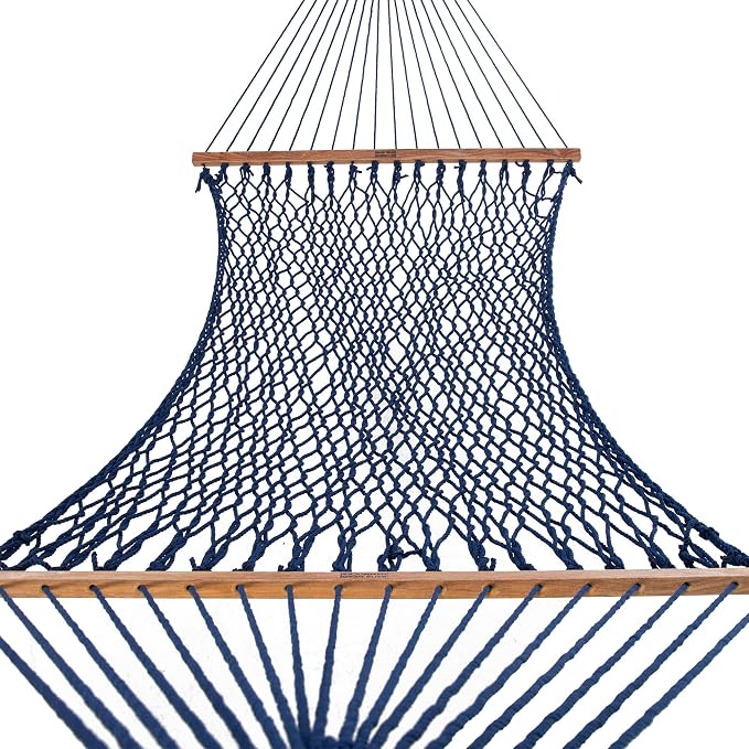 Nags Head Hammocks First Mate Navy DuraCord Rope Hammock – 12 ft. x 50 in., 450 lb Capacity, Cumaru Spreader Bar, Galvanized Hardware, Handcrafted in USA, Free Chains & Tree Hooks