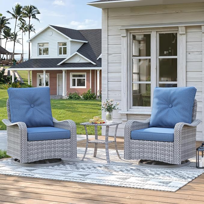3 Piece Patio Furniture Set with Swivel Rocking Chairs, Outdoor Wicker Conversation Set with 4" Cushions, Glass Side Table, PE Rattan and Rust-Resistant Frame, Navy