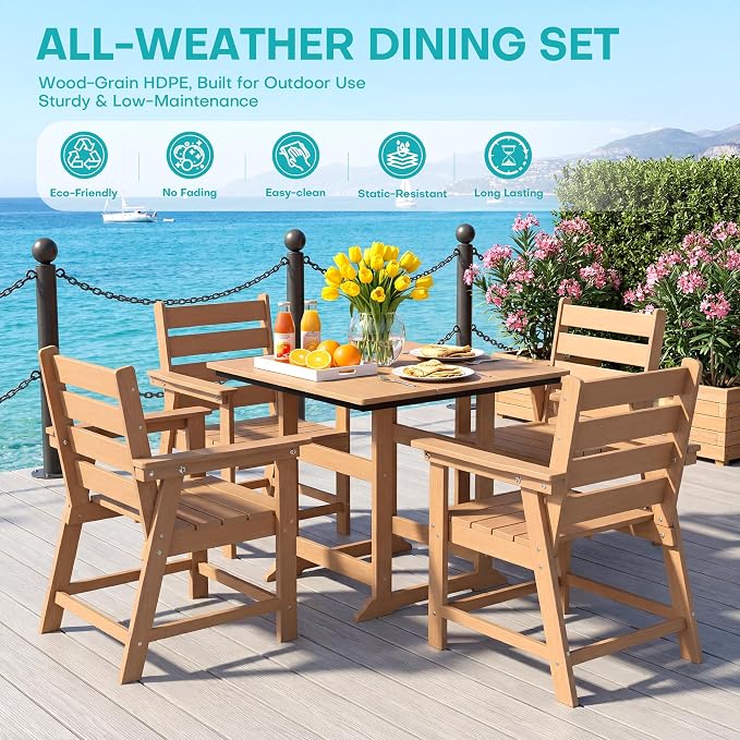 HDPE Dining Chair Set of 2, All-Weather Patio Dining Chair with Armrests, Wood Grain Texture, Heavy Duty Outdoor Furniture for Backyard, Garden.Cedar