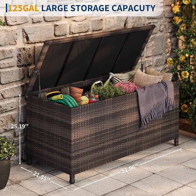 125 Gallon Outdoor Deck Box with Wheels, Waterproof PE Wicker Rattan & Aluminum Frame Storage Bin for Patio Cushions, Garden Tools, Pool Toys, Lockable Patio Furniture(Brown)