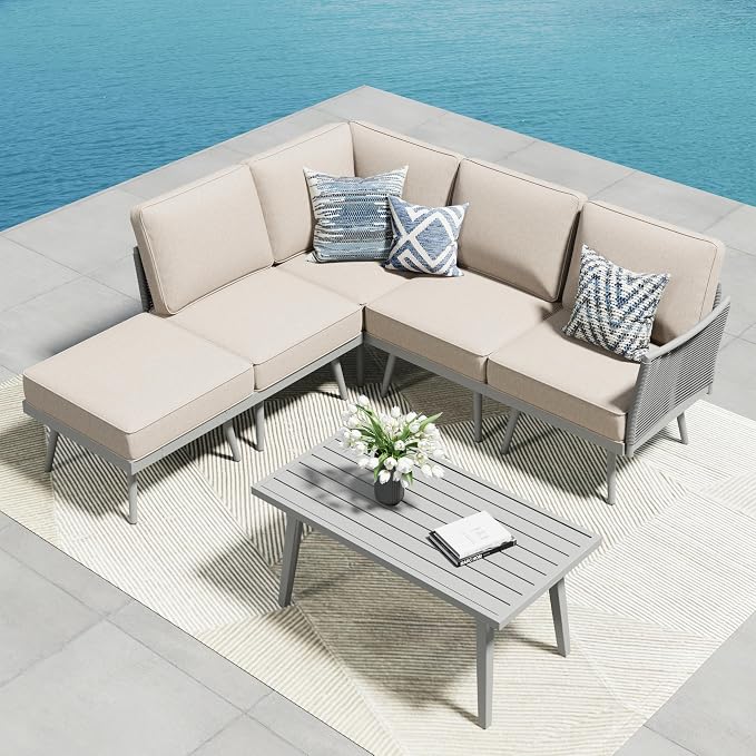 PHI VILLA 6-Piece Rope Rattan Patio Sectional Furniture Set,Modern Outdoor Conversation Set with Detachable Armrests and Grey Metal Frame,All Weather Patio Sofa with Coffee Table and Biege Cushions