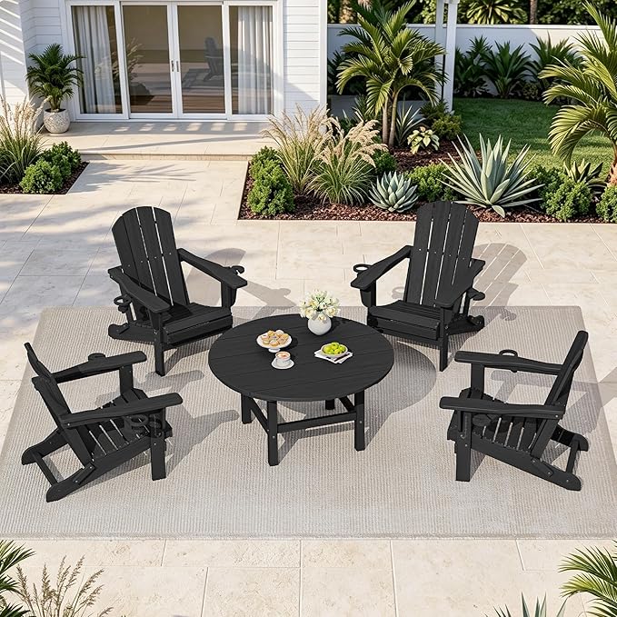 SERWALL 6-Piece Patio Set, 4 Folding Adirondack Chairs with Cup Holders, Round Table & Center Pole Umbrella, HDPE Plastic, Black