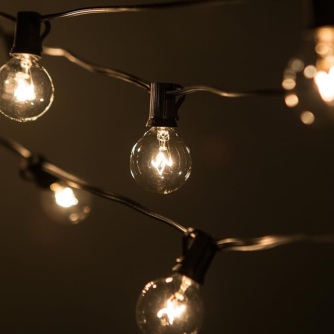 50 Foot Globe String Lights - Set of 50 G40 Clear Bulbs - Black Wire | (+ 2 Free Spares) for Patio Deck Gazebo Cafe and Party Lighting
