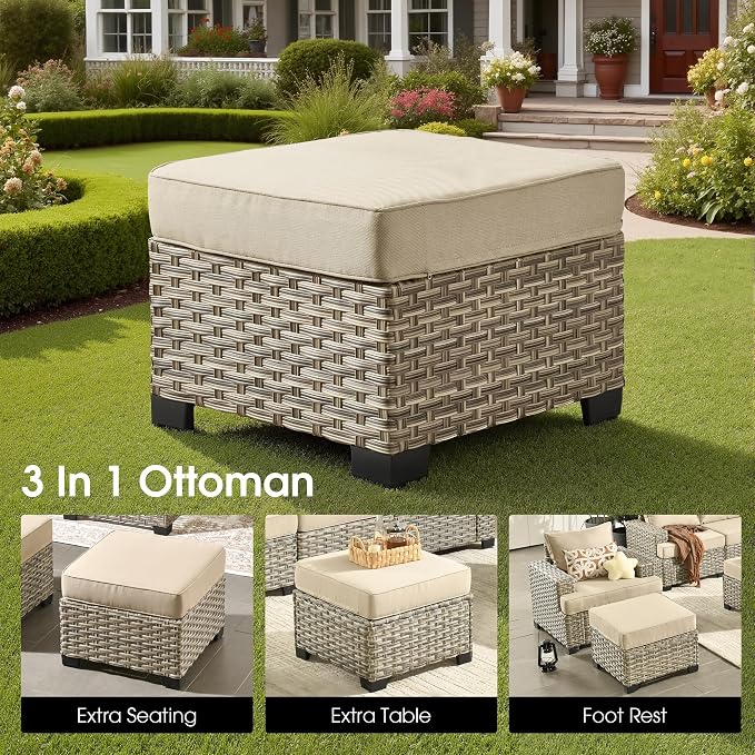 Outdoor Sectional Patio Furniture Set,7 Pieces All Weather Rattan Wicker Conversation Sets,Out Door Furniture with Ottoman Single Chair,Beige