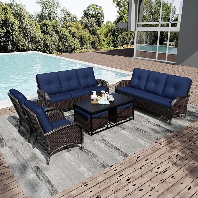 Joyside Wicker Patio Furniture Set, 7 Piece Outdoor Furniture Set with Thickened Cushions, High Back, Deep Seating, Wide Armrest, Rattan Outdoor Chairs for Porch, Deck
