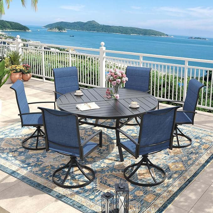 Outdoor Dining Set for 6, 50.1" Outdoor Dining Table with Umbrella Hole and Padded Textilene Patio Swivel Chairs, 7 Pieces Patio Table and Chairs Set for Garden Backyard, Dark Blue and Black