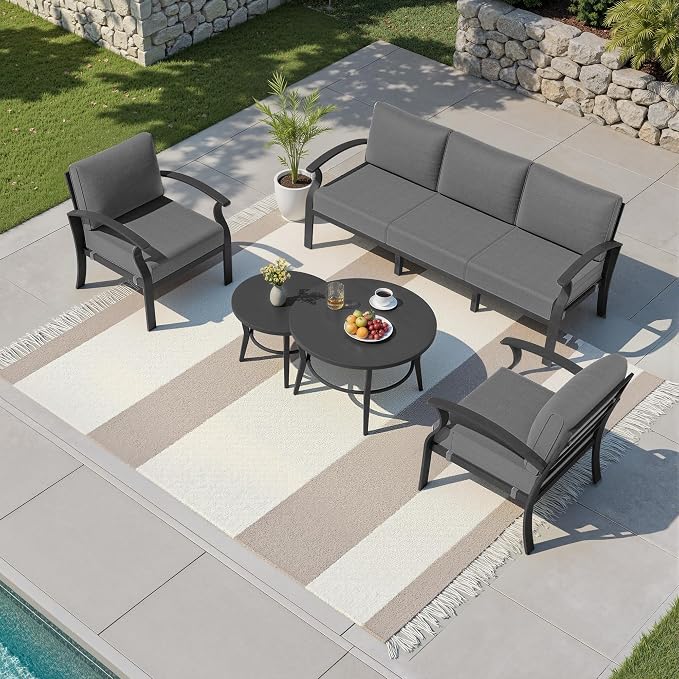 Kullavik Aluminum Patio Furniture Set,4 Piece Modern Metal Outdoor Patio Furniture w/5.1'' Thick Cushion and Round Coffee Table,Patio Conversation Sets for Porch,Deck,Grey