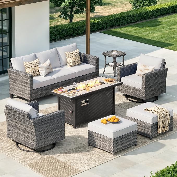 CAODOC 7-Piece Outdoor Wicker Patio Set with 7 Seats, Including 53" Fire Pit - Swivel Rocker Chairs and Conversation Set for Backyard or Lawn, Gray Rattan with Waterproof Gray Cushions