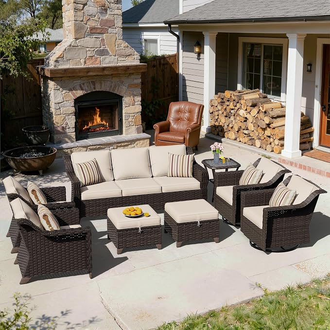 8 Pieces Patio Conversation Furniture Set - 1 Sofa, 2 Ottomans, 2 Armchairs, 2 Swivel Chairs, 1 Side Table, Outdoor Wicker Furniture with Removable Cushions for Porch, Sunroom (Beige)