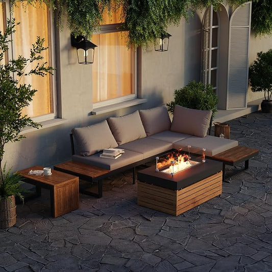homary 4-Piece Modular Teak Outdoor Sofa Set,Weather-Resistant Patio Furniture with Smokeless Fire Pit, Waterproof Cushions, Modern Sectional for Garden, Deck & Backyard