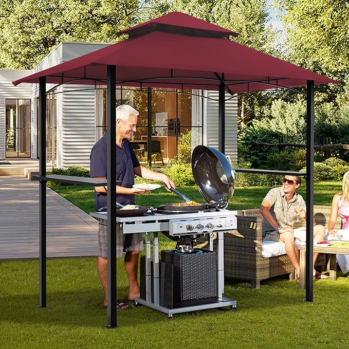 GARTOO 8'x5' Outdoor Grill Gazebo - Double Roof BBQ Gazebo Canopy with 2 Side Shelves and LED Lights, Patio BBQ Pergola Shelter for Garden, Porch and Backyard (Red)