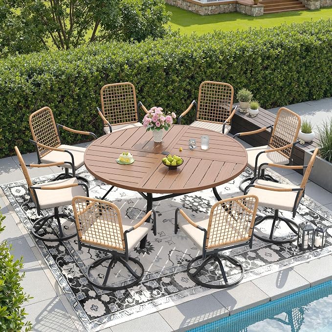 DIFY 9 Pieces Outdoor Dining Set, Metal Patio Table and Chairs Set for 8, 59.8" Round Dining Table with Umbrella Hole & Wicker Swivel Patio Chairs with Cushions, Walnut Tabletop