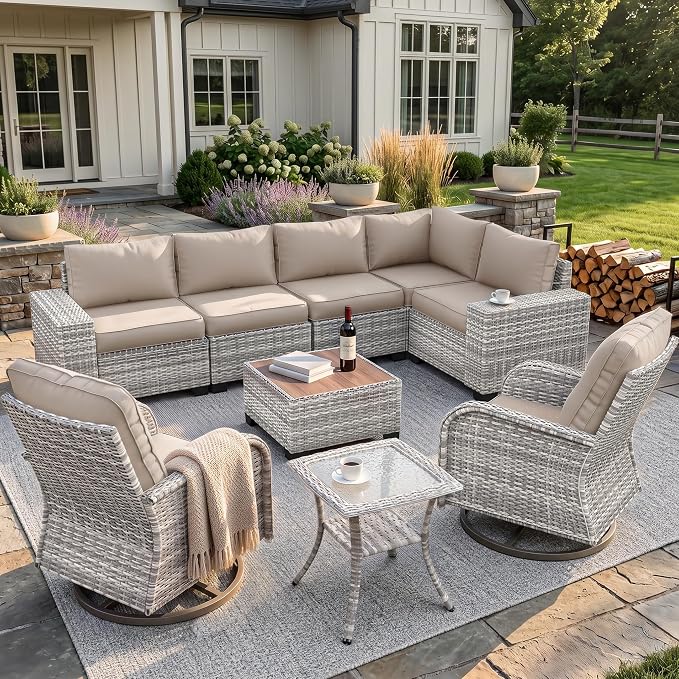 9-Piece Outdoor Patio Furniture Set with Rocking Swivel Chair Wicker Sectional Sofa Set, Patio Conversation Set with Thickened Cushions & Coffee Table for Garden, Backyard, Poolside, Beige