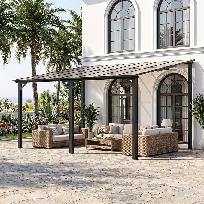 ALAULM 10'x 14' Outdoor Hardtop Pergola,Wall Mounted Lean to Gazebo with Sloped Sun Panel Roof,Galvanized Metal Frame,Sunshade for Patio, Backyard, Deck and Poolside