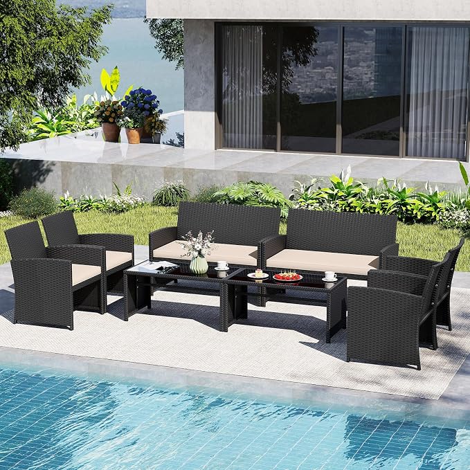 Tangkula 8 Pieces Patio Wicker Furniture Set, Outdoor Heavy Duty Rattan Cushioned Chairs, Loveseat and Tempered Glass Coffee Table, for Backyard, Balcony, Poolside (2, Off White)