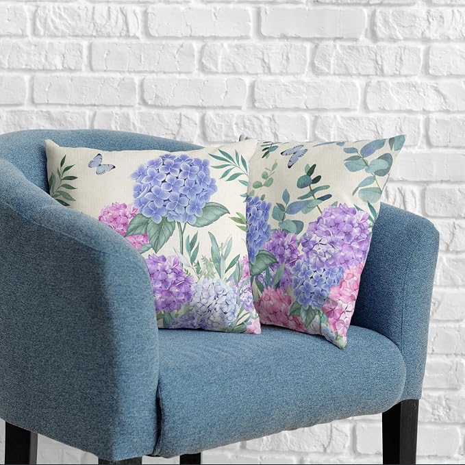 Hydrangea Pillow Covers 20x20 Set of 2 Spring Flowers Outdoor Pillow Covers Blue Purple Hydrangea Eucalyptus Throw Pillowcase Cotton Linen Cushion Case for Sofa Outdoor Patio