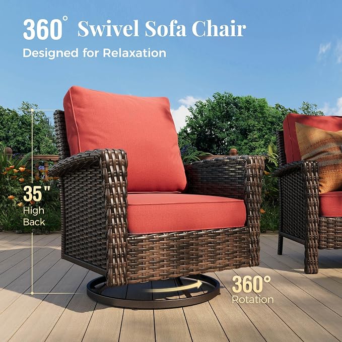 MIXPATIO 8-Piece Wicker Patio Furniture Set, Sectional Conversation Set with 2 x Swivel Chairs, 2 x Ottomans, 1 x 3-Seater Sofa, All-Weather Wicker Patio Conversation Set with 56" Fire Pit Table, Red