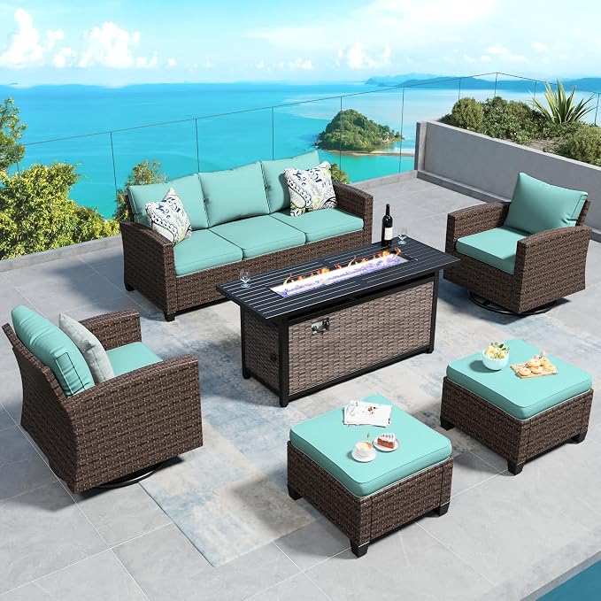 SUNSHINE VALLEY Swivel Glider Patio Furniture Set Outdoor Furniture Brown Wicker Rattan Patio Conversation Sets with Cushion Outside Sofa Set,5 Pieces with Rectangular Firepit Table,7 Seats,Blue