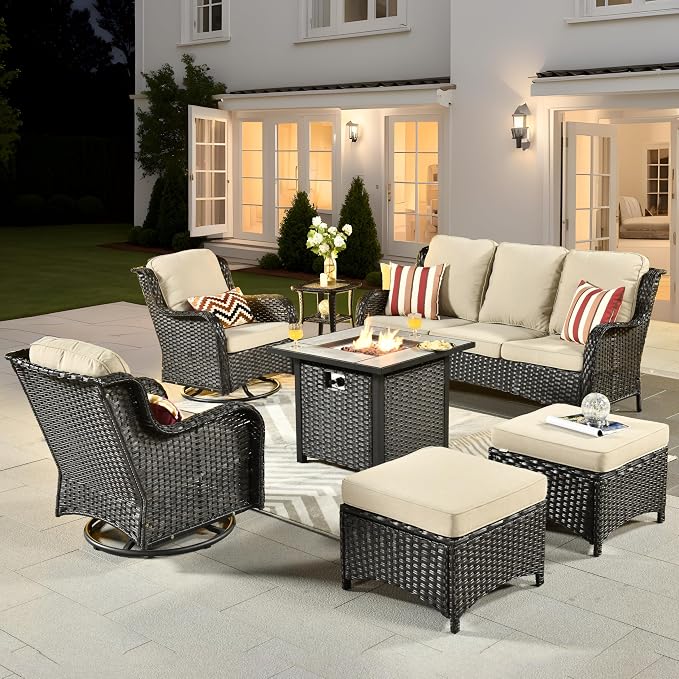 ovios 7 Pieces Patio Furniture Set with 30 inch Fire Pit Table, Outdoor Wicker Sofa Couch Swivel Rocking Glider Chairs, Modern Luxury Conversation Set, Brown Wicker, Beige