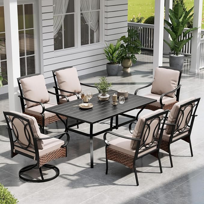 Sophia & Willliam Oversized Outdoor Dining Set 7 Piece Metal Patio Table and Chairs Set with 4 Padded Patio Dining Chairs,2 Swivel Chairs & 60" Rectangular Dining Table, Deck,Lawn,Kitchen Furniture