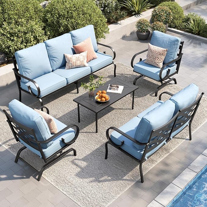 PHI VILLA Patio Furniture Set, a Loveseat, 3-Seater Sofa, 2 Rocking Chairs and a Coffee Table, Outdoor Metal Conversation Set with 5.75" Extra Thick Cushion for Garden Backyard Deck, Blue