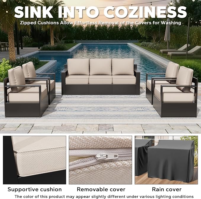 Aluminum Outdoor Conversation Furniture Set - All Weather Patio 79" Sofa with 4 Armchairs, 6" Water-Resistant Cushions & Furniture Covers & Metal Armrest for Deck Porch (Beige)