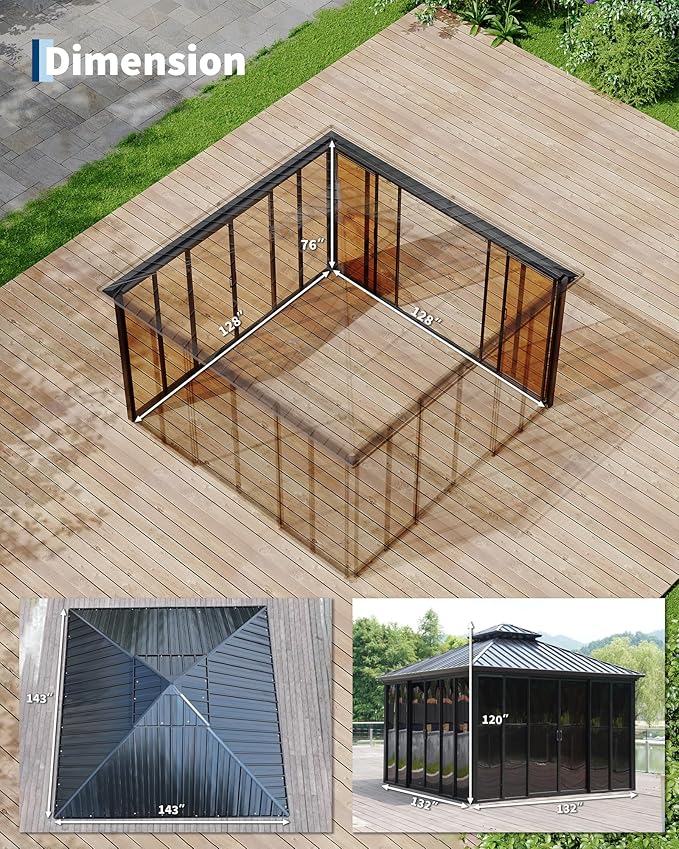 12x12 ft Hardtop Gazebo Sunroom, All-Season Outdoor Room with Aluminum Frame, Enclosed Patio Solarium with Polycarbonate Sliding Doors & Double Roof for Backyard, Deck, and Hot Tub Enclosure