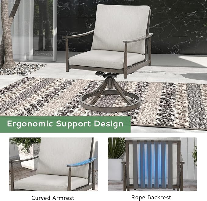 5-Piece Outdoor Dining Set - Aluminum Patio Dining Set with Removable Cushions,4 Swivel Chairs with Rope Backrest, Square Table with Umbrella Hole,Rustproof for Lawn Porch Yard,Grey