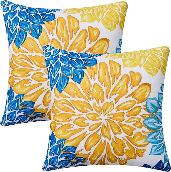 Allorry Outdoor Pillow Covers 18x18 Set of 2 Vintage Yellow Blue Flower Pattern Decoration Throw Pillow Covers for Spring Summer Outdoor Waterproof Garden Patio Sofa Bedroom Home Decor JB012-A18