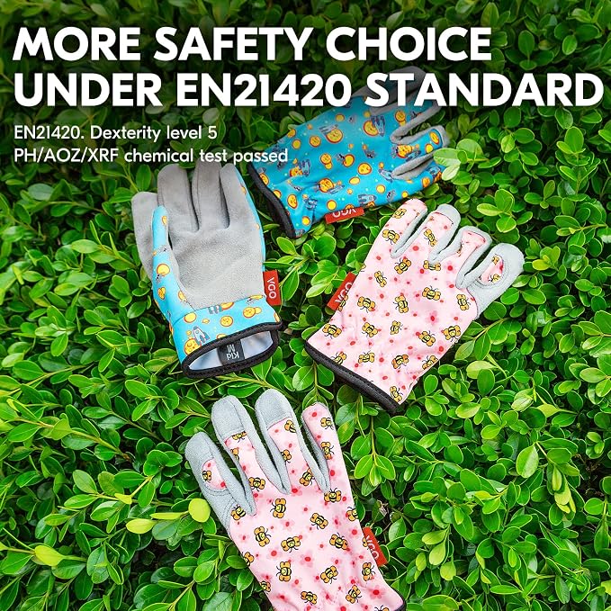 Vgo... 1-Pair Age 5-6 Kids Gardening Gloves,Children Yard Work Gloves,Toddlers,Boys,Girls (Size M, Pink Bee, KID-MF7362)