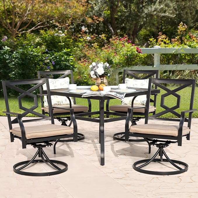 NUU GARDEN 5 Piece Outdoor Patio Dining Set, 4 Swivel Rocker Chairs with Padded Cushions, 37" x 37" Square Iron Dining Table with 1.57" Umbrella Hole, Black and Beige Cushion