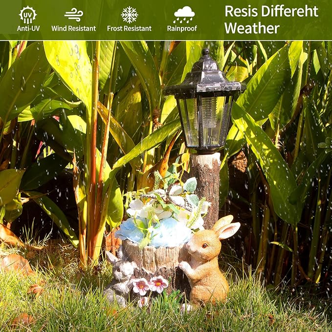 Solar Bunny Statue Outdoor, Rabbits Figurine with Flowerpot & Lantern | Garden Sculptures for Yard Art Lawn Ornaments Porch Patio Balcony - Gardening Gifts for Women Mom