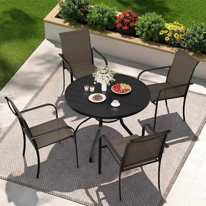 Incbruce 5 PCS Patio Dining Set, Outdoor Dining Set of 4 Textilene Chairs and 41" Round Table with Umbrella Hole for Backyard, Garden, and Poolside (Brown)