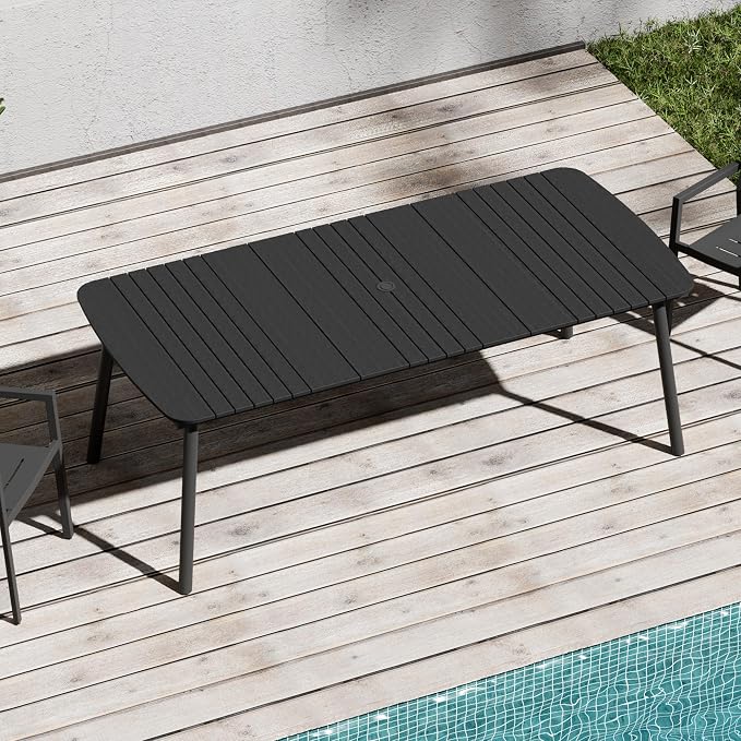 82" Outdoor Dining Table for 8 Aluminum Patio Table | Rectangle Black Table with Umbrella Hole and Wood Grain Tabletop for Lawn Backyard Garden