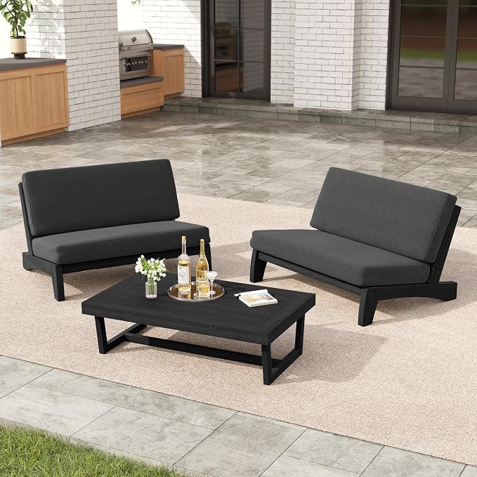 3 Pieces Patio Furniture Sets, All-Weather Outdoor Wood Bistro Set Patio Conversation Coffee Table Chiars and Patio Loveseat for Balcony, Backyard