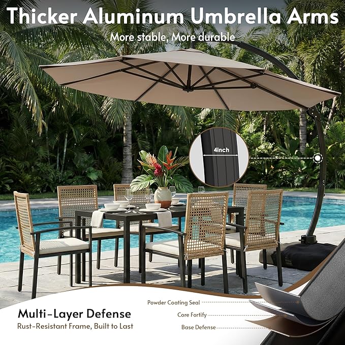12FT Cantilever Patio Umbrella with Base Included, Large Cantilever umbrella with 360°Rotation, Heavy-Duty Offset Outdoor Umbrella for Patio,Pool,Garden and Backyard (Champagne)