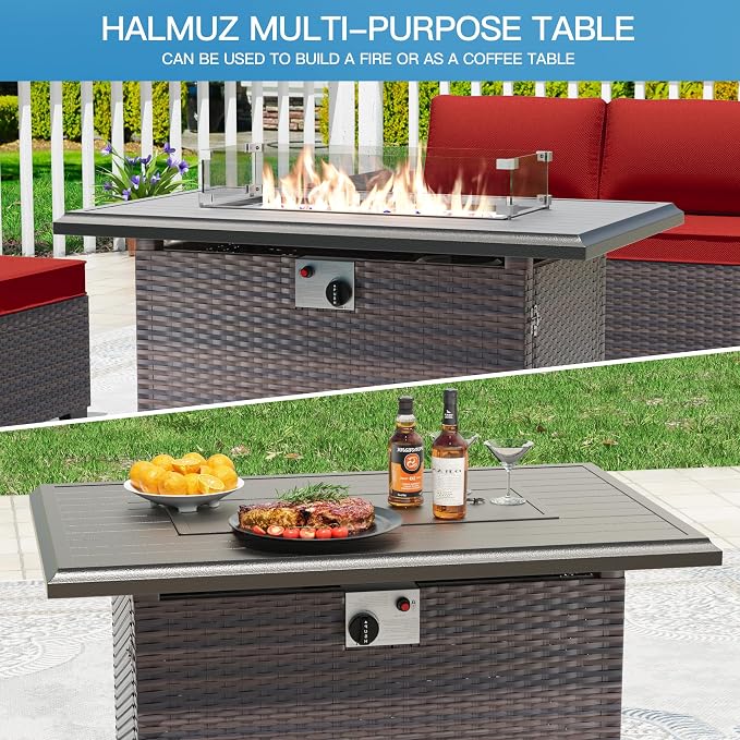 7 Pieces Outdoor Patio Furniture Set with 43"/55000BTU Gas Fire Pit Table,PE Rattan Wicker Outdoor Conversation Sofa Set Non-Slip Cushions Waterproof Covers for Backyard,Poolside,Garden,Red