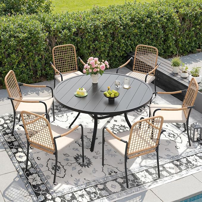 DIFY 7 Pieces Outdoor Dining Set for 6, 47.2" Round Dining Table with Umbrella Hole & Wicker Stackable Patio Chairs with Cushions, Metal Patio Table and Chairs Set for Backyard Porch Garden, Black