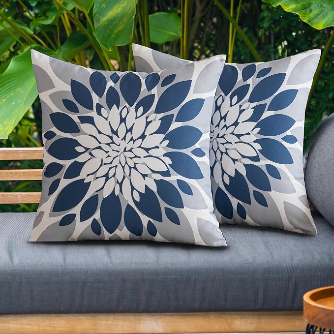 Pack of 4 Outdoor Waterproof Pillow Covers 18x18 Decorative Outdoor Throw Pillows Garden Square Cases for Patio Furniture, Couch, Tent Sunbrella, Bench, Blue Grey