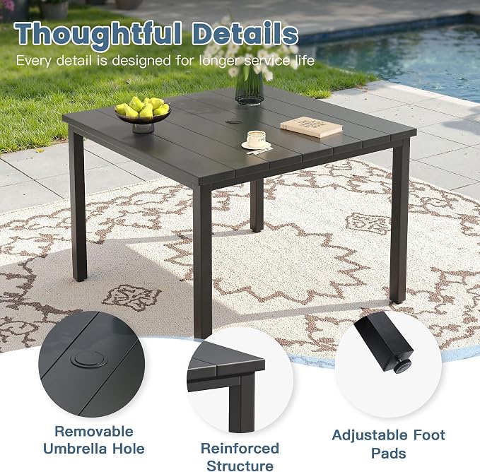 DIFY 5 Pieces Outdoor Patio Dining Set for 4, 40.2" Black Square Metal Dining Table and 4 Blue Stackable Textilene Patio Chairs, Outdoor Table and Chairs for Backyard Garden Poolside