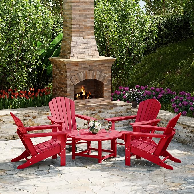 Costaelm Patio Conversation Set, Outdoor Chairs Set of 5 Balcony Firepit Furniture Outdoor Adirondack Round Table and Chair Backyard Furniture Set for Lawn Porch Pool Garden, Red