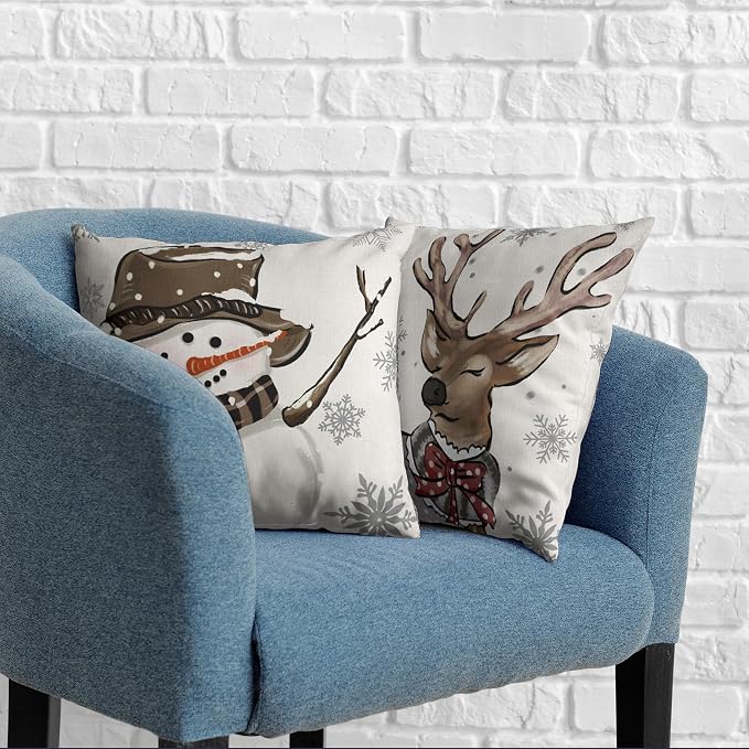 Christmas Pillow Covers 18x18 Set of 2 Brown Snowman Reindeer with Snowflakes Throw Pillow Covers Decorative Cotton Linen Cushion Case for Home Decor Couch Living Room