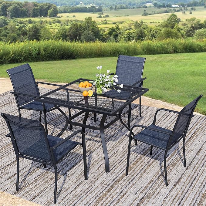 5-Piece Outdoor Dining Set, Square Metal Table with Dark Blue Chairs, Black Patio Table with Umbrella Hole for Garden, Yard, Patio