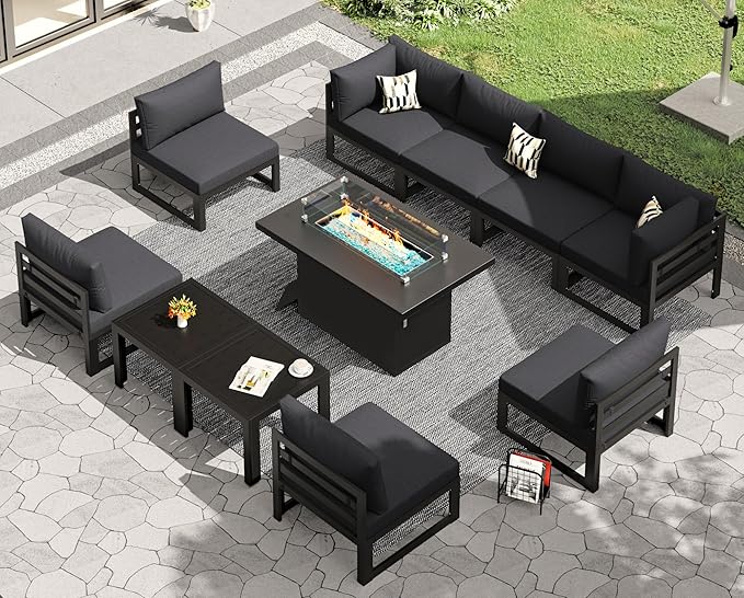 RADIATA 11 Pcs Modern Aluminum Outdoor Patio Furniture Set with Firepit Table & Side Table, Extra Large All-Weather Modular Sectional Couch, 29" Wide Deep Seating Conversation Sofa for Deck, Dark Grey