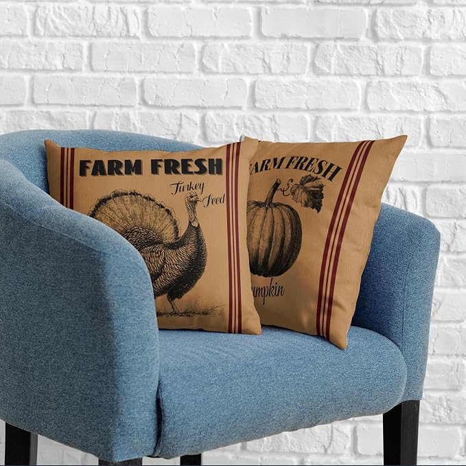 Fall Pillow Covers 24x24 Set of 2 Vintage Farmhouse Throw Pillow Covers Retro Farm Fresh Turkey Pumpkin Pillowcase Thanksgiving Cushion Case for Home Decor Couch Sofa